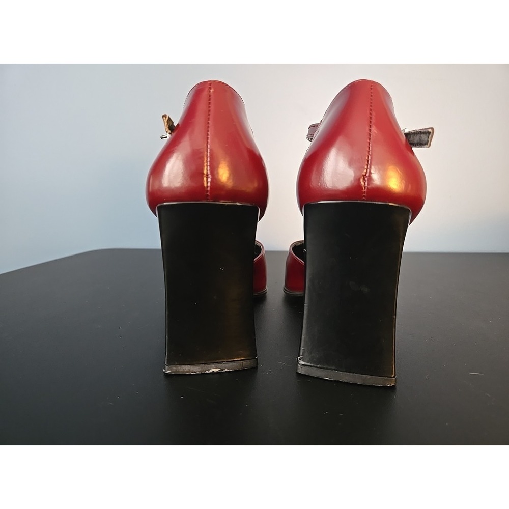 NINE WEST Red Black Ankle Strap Chunky Heels Square Toe Women Pumps Y2K 7.5 - Picture 5 of 11